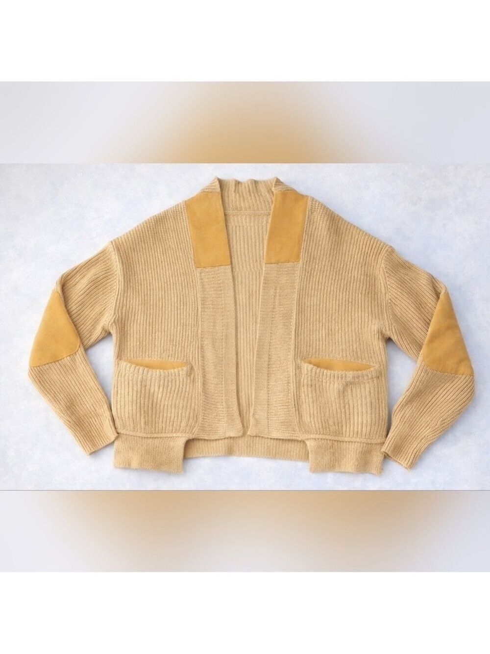 Ugerlove Chunky Knit Mustard Cardigan Sweater With Patches - New With Tag